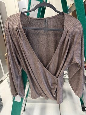 Anthropologie Brown Metallic Ribbed Wrap Top